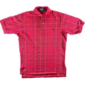 Vintage Polo Ralph Lauren Red Plaid Polo Shirt Mens Medium USA Made Short Sleeve